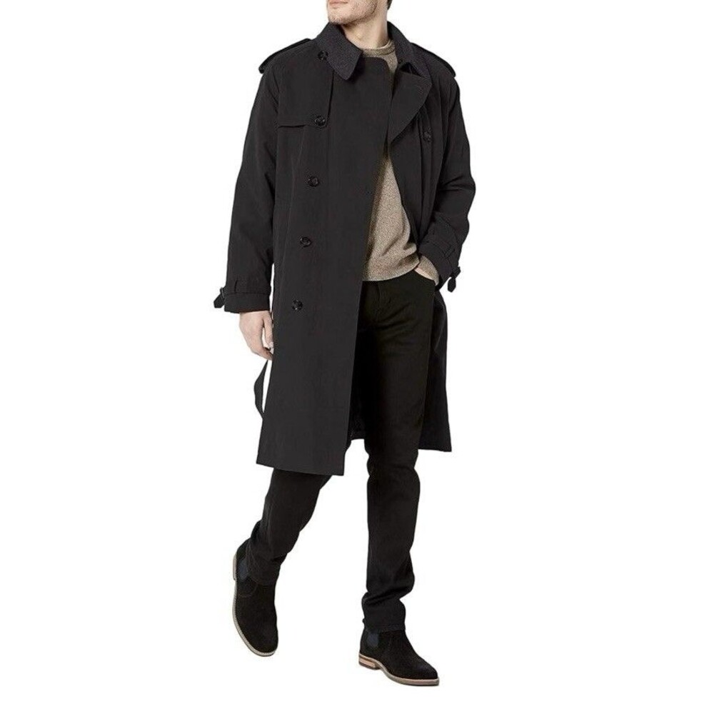 London Fog Double Breasted Zip Out Liner Removable Collar Black Trenchcoat 36R